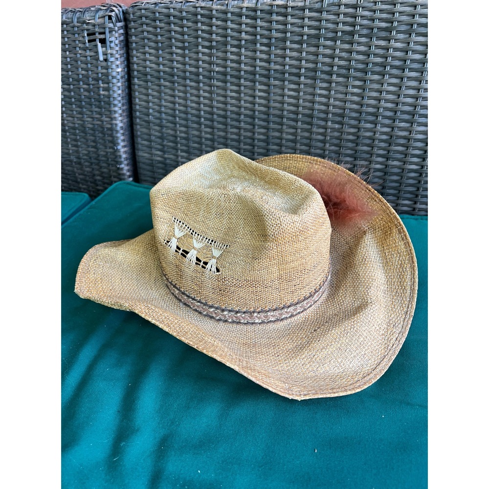Stetson Roadrunner Vintage Straw Cowboy Hat Tan Western Feather Bryantcote Hat